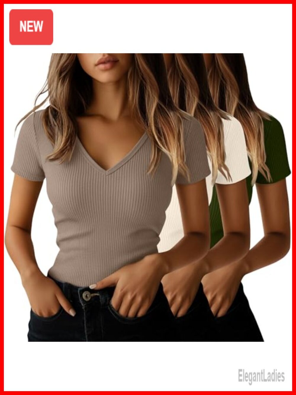 3 Pack Women's V Neck Ribbed Cotton T Shirts Slim Fit Short Sleeve Tees
